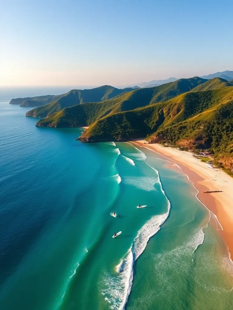 A stunning aerial shot of Playa Venao, Panama, capturing the long, curving beach with lush green hills in the background. Surfers are riding the waves, and the beach is dotted with palm trees and beachside accommodations.