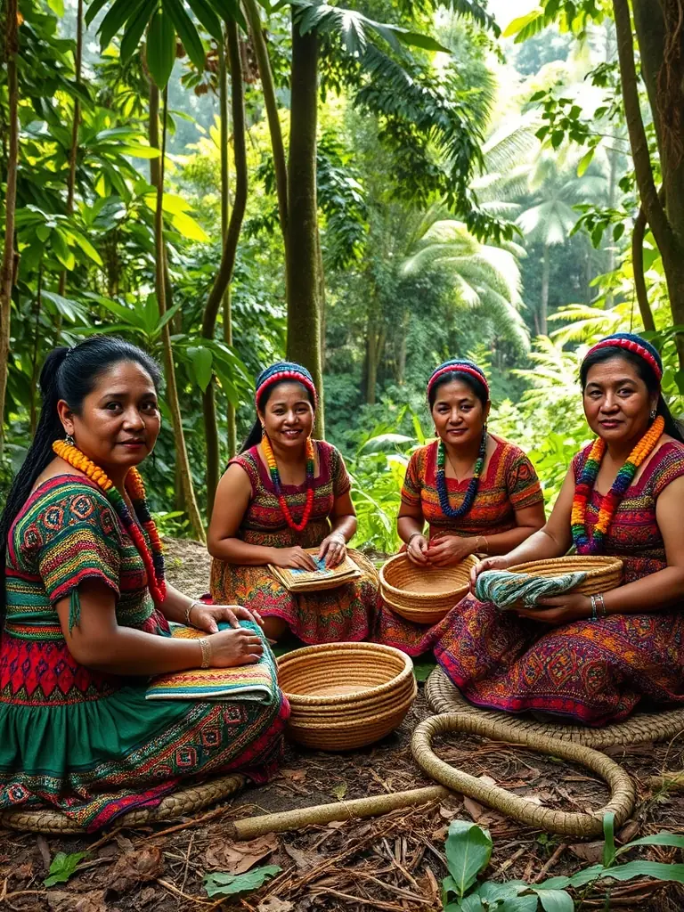 A colorful photograph of indigenous Embera people in traditional attire, showcasing their unique culture, crafts, and connection to the rainforest.