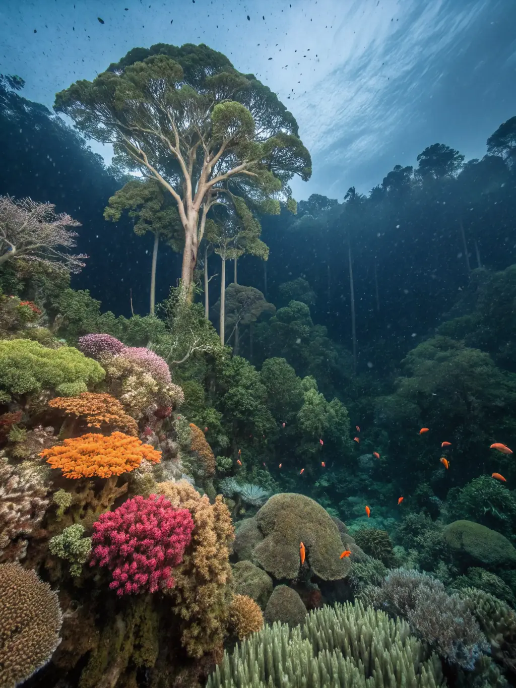 A picturesque scene of Isla Coiba, Panama, showcasing its dense rainforest, pristine beaches, and clear blue waters. Divers are exploring the coral reefs, highlighting the island's rich marine biodiversity.