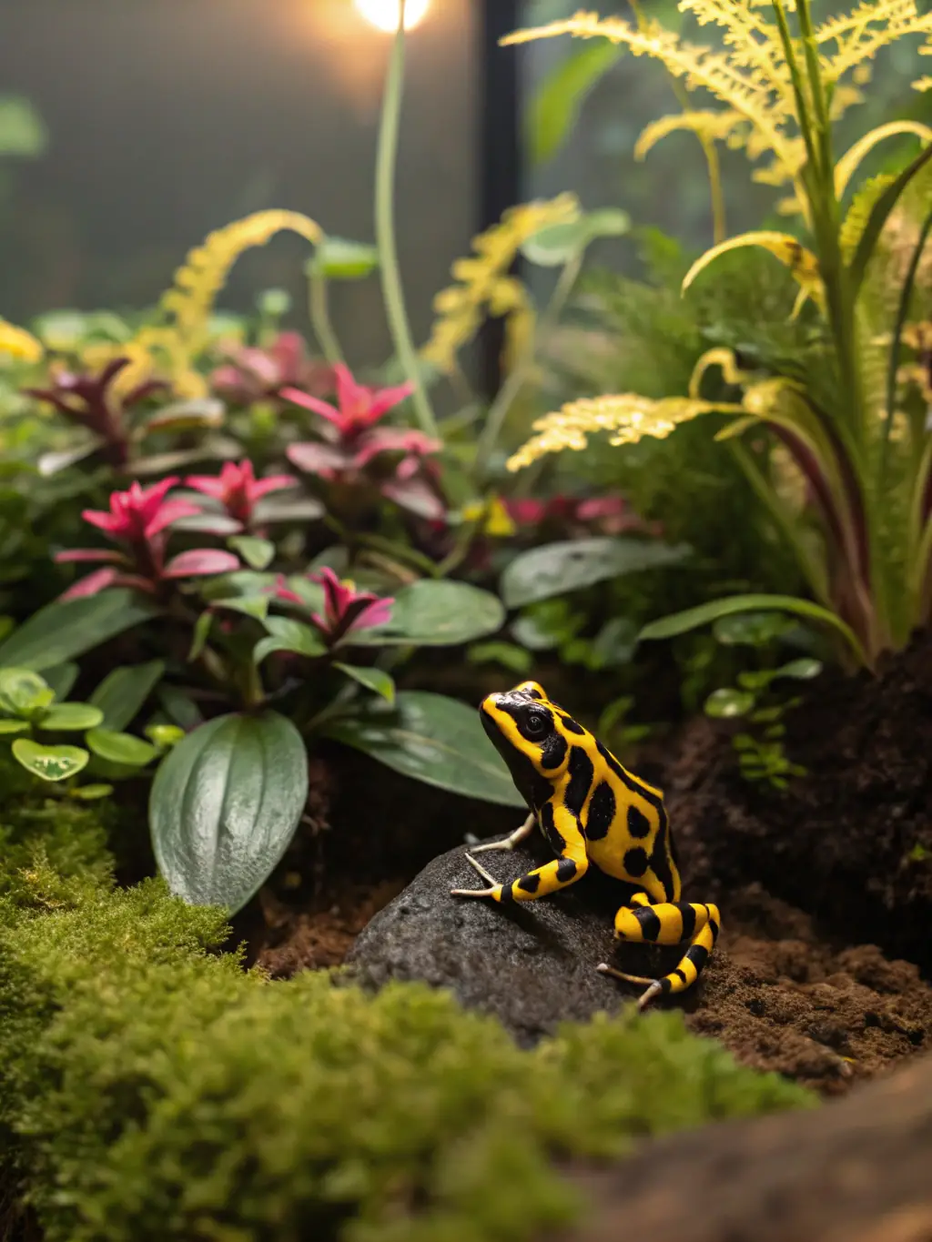 A close-up shot of a colorful poison dart frog in its natural habitat in the Darién Gap, Panama, highlighting its vibrant colors and intricate patterns.