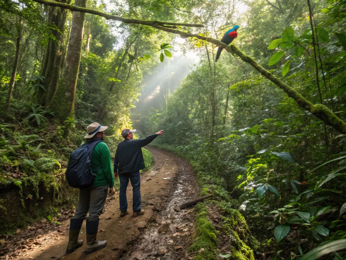 A group of hikers traversing a dense, green rainforest trail in Panama, sunlight filtering through the canopy.