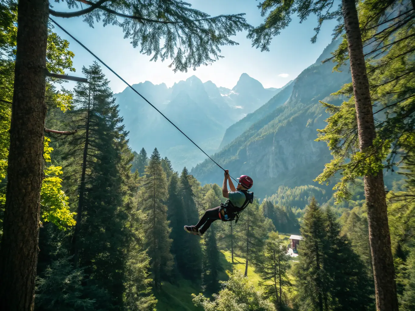 A person ziplining through a vibrant green forest canopy in Panama, with a clear blue sky in the background.