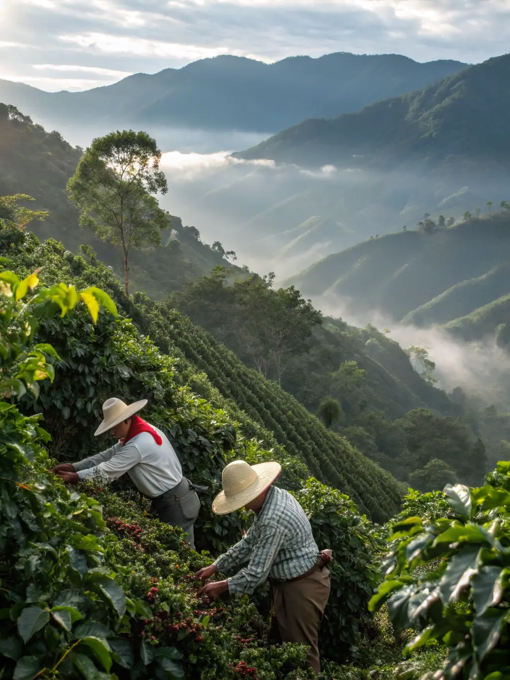 A stunning photograph of a coffee plantation in Boquete, Panama, showcasing the lush green coffee plants, the surrounding mountains, and the traditional harvesting methods.