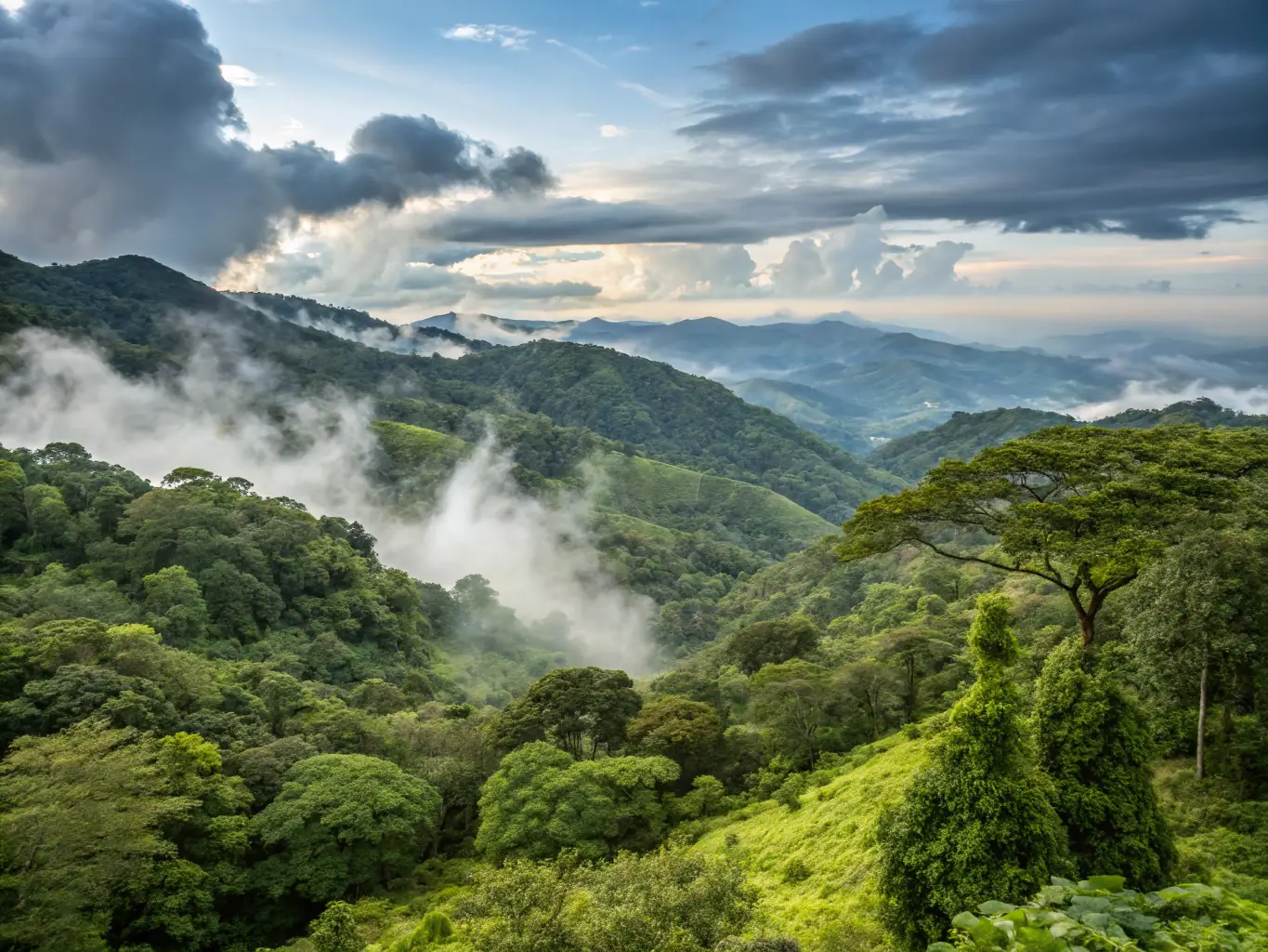 A captivating photograph of the cloud forests in Boquete, Panama, showcasing the unique biodiversity and misty landscapes. The image should convey a sense of tranquility and natural wonder.