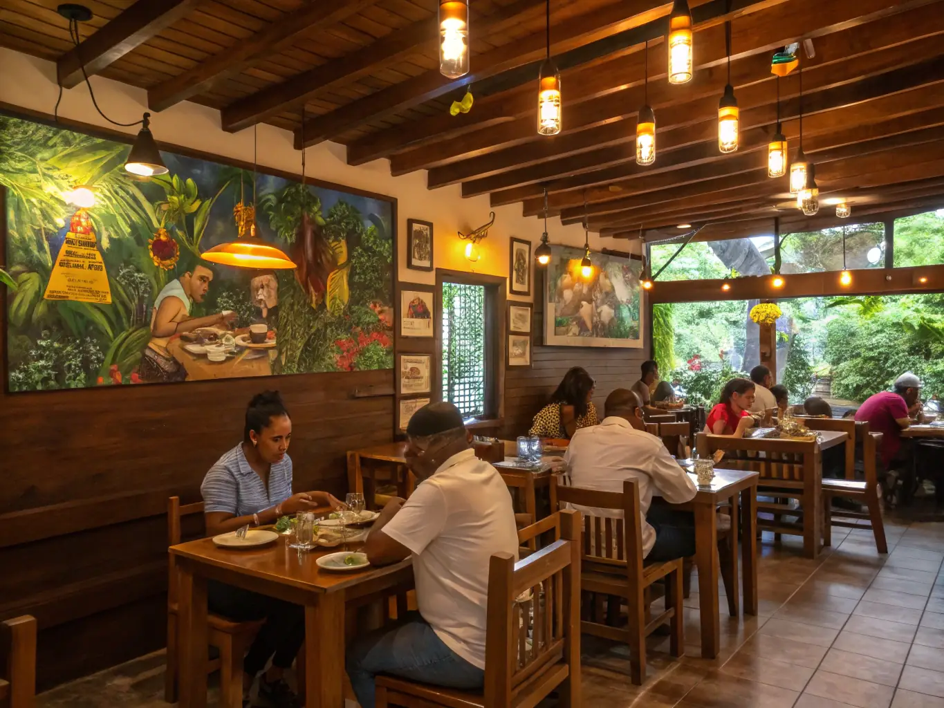 A cozy, family-owned restaurant in Boquete, Panama, serving traditional Panamanian cuisine with locally sourced ingredients, set against a backdrop of lush greenery.