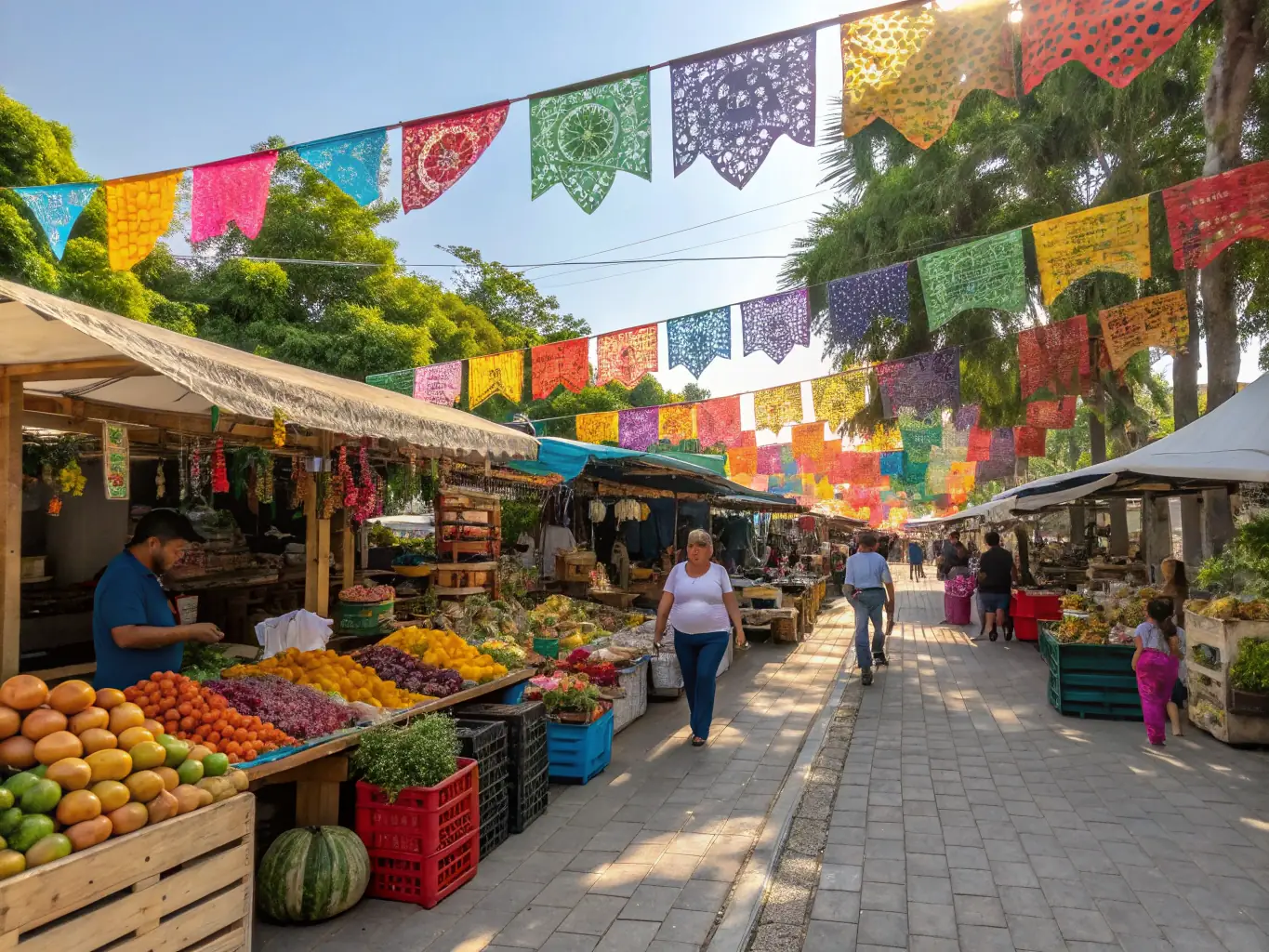 A vibrant outdoor food market in Panama City, showcasing fresh fruits, vegetables, and local delicacies, with vendors interacting with tourists.