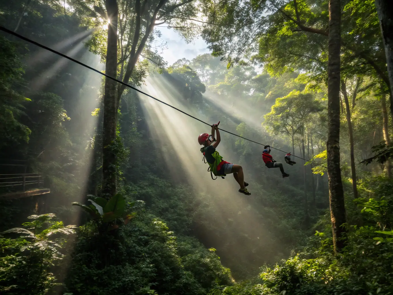 A vibrant photograph capturing a group of tourists ziplining through the lush rainforest canopy in Boquete, Panama, showcasing the thrill and adventure of exploring Panama's natural beauty.