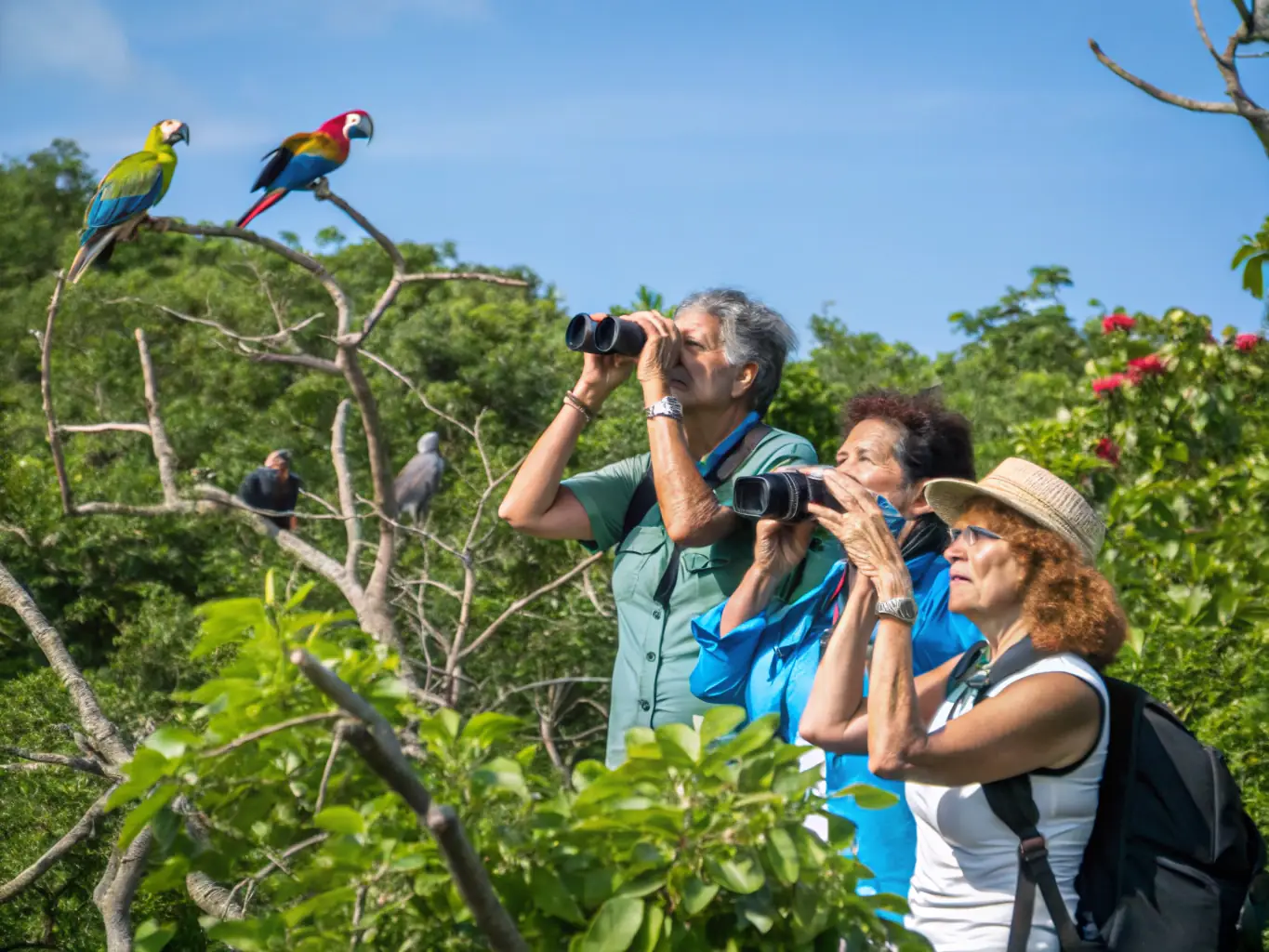A stunning photograph of a diverse group of birdwatchers with binoculars, observing colorful birds in their natural habitat in the Darién Gap, emphasizing the region's rich biodiversity.