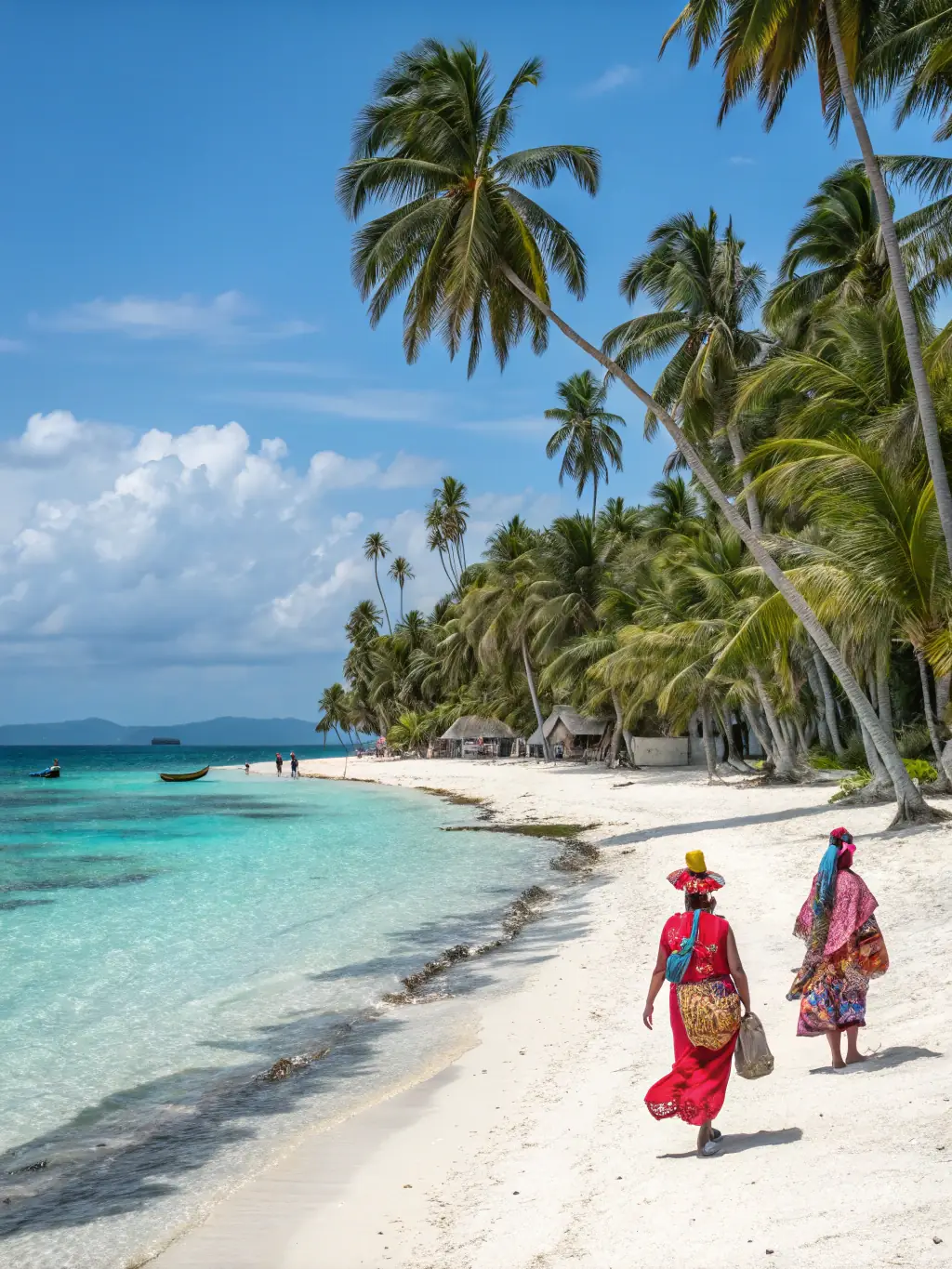A vibrant image of San Blas Islands, Panama, featuring multiple small, palm-covered islands surrounded by turquoise waters. Traditional Kuna sailboats are visible in the distance, adding to the picturesque scene.