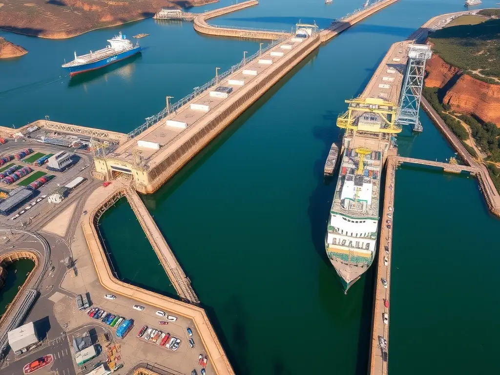 A vibrant photo of the Panama Canal, showcasing a large cargo ship passing through the Miraflores Locks, with lush green surroundings and clear blue skies.
