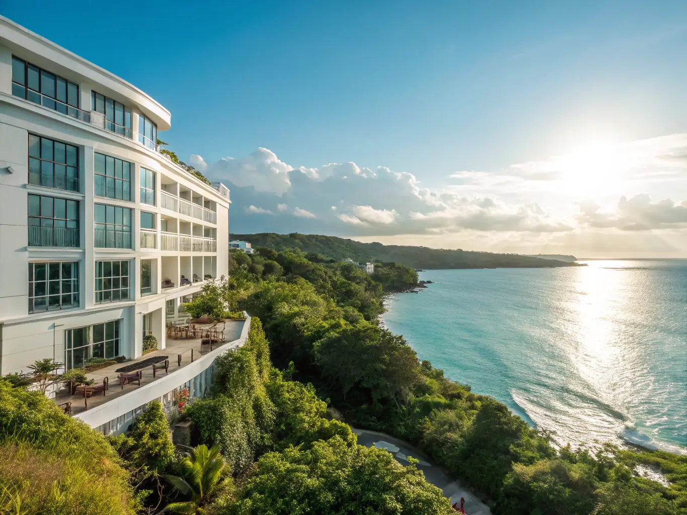 A modern, sustainable hotel in Panama City, featuring solar panels, green roofs, and other eco-friendly amenities.