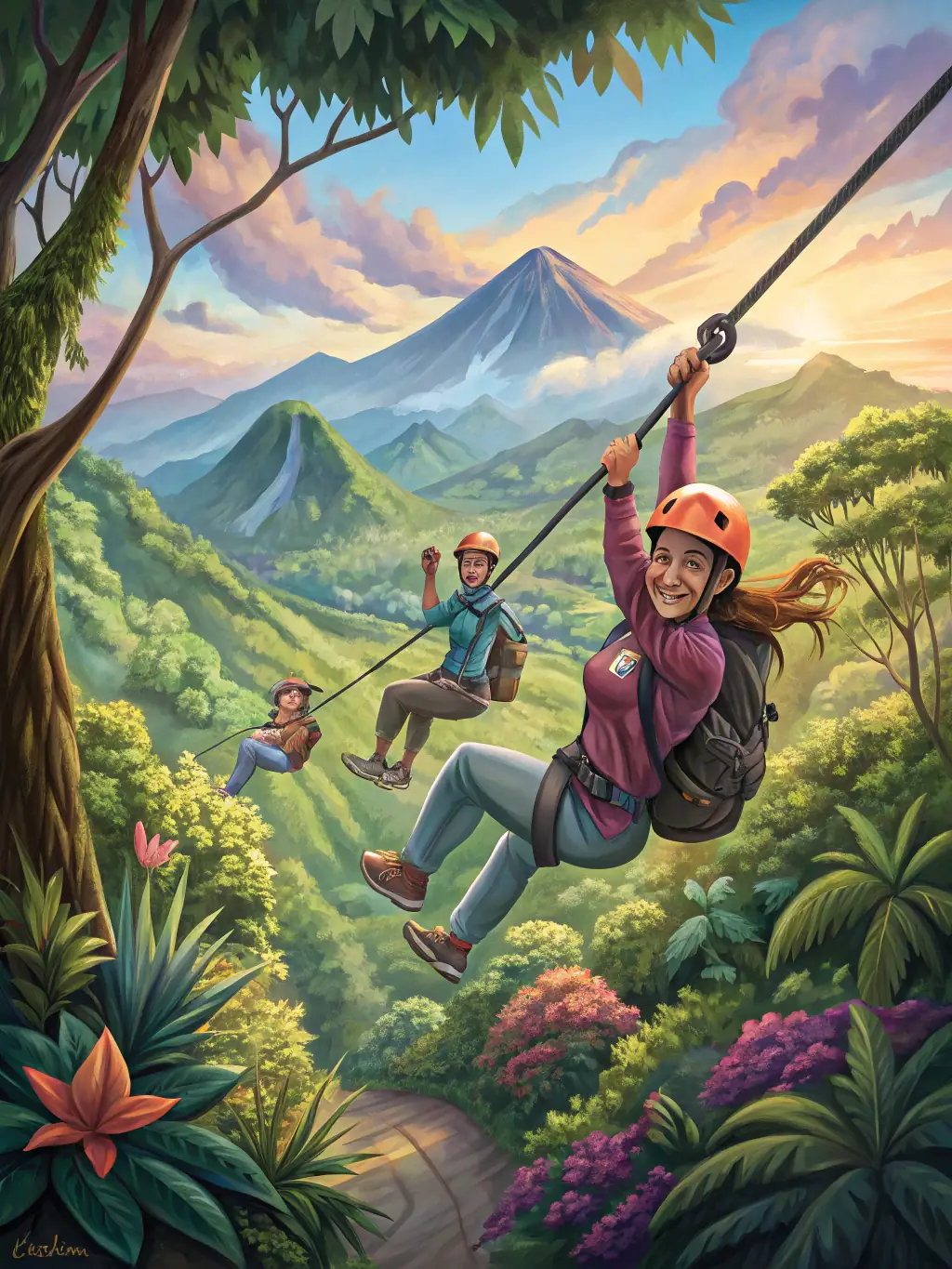 A vibrant photograph showcasing a group of tourists ziplining through the rainforest canopy in Bocas del Toro, Panama, with lush greenery visible below and a clear blue sky above.