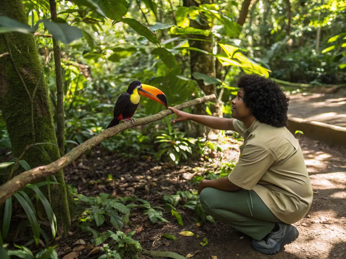 A wildlife enthusiast observing a colorful toucan perched on a branch in the Panamanian rainforest.