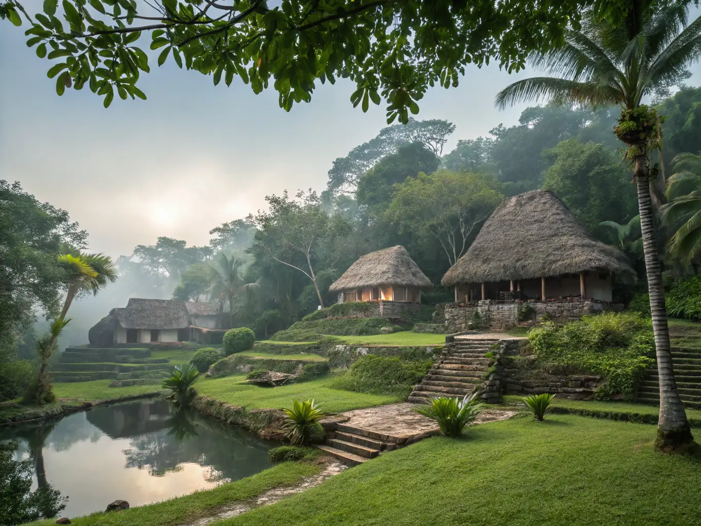 A serene eco-lodge nestled deep within the Panamanian rainforest, showcasing its sustainable design and integration with the natural environment.