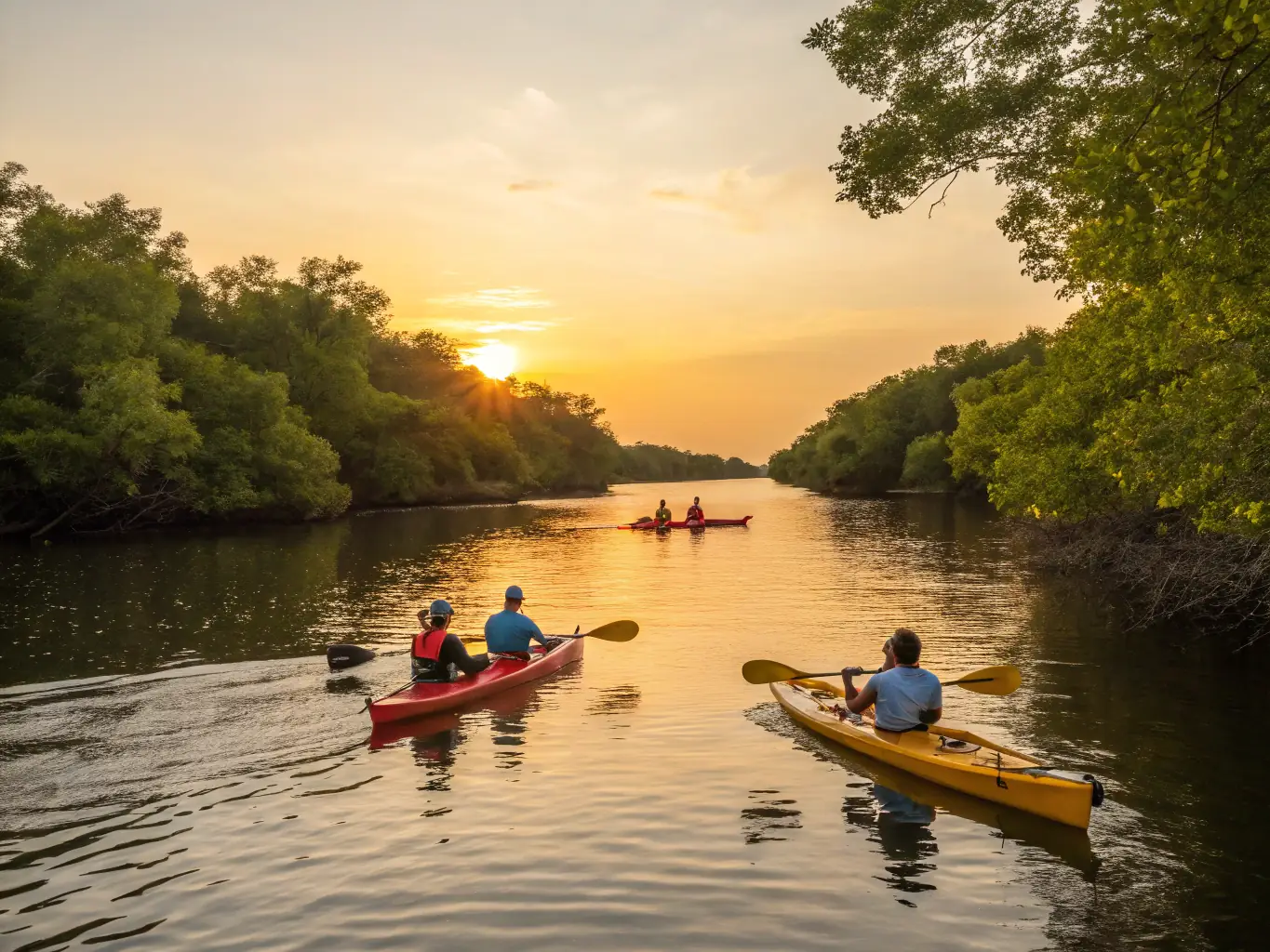 A captivating image of a group of kayakers paddling through the calm waters of the Panama Canal, surrounded by lush greenery and diverse wildlife, highlighting the serene beauty of the region.
