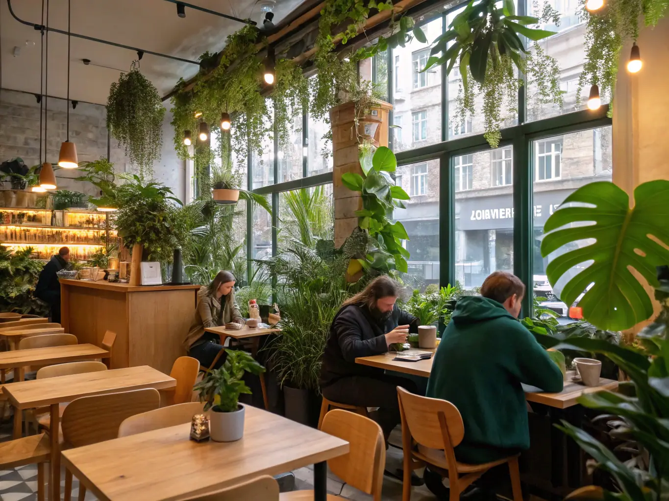 A modern, eco-friendly café in Panama City, serving organic coffee and locally sourced pastries, with a focus on sustainable practices and community engagement.